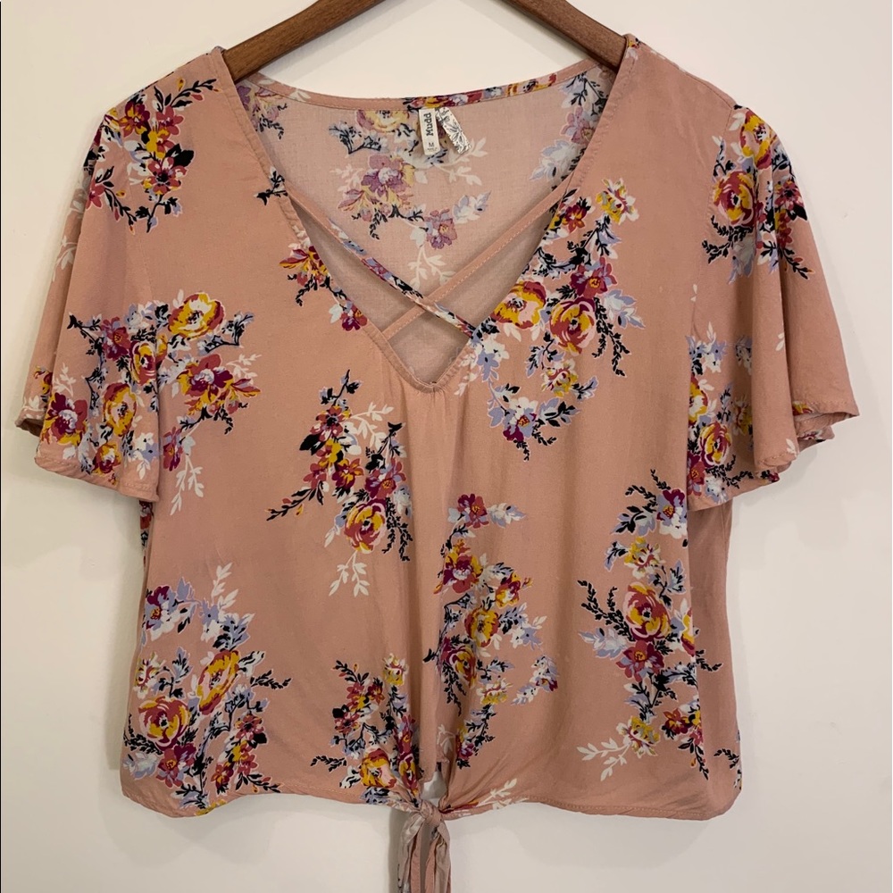 Short Sleeve Dusty Pink Floral Tie Front Blouse
